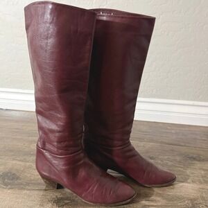 Hana Mackler Vintage 80s Italian Leather Pull On Knee High Boots,Burgundy, 8